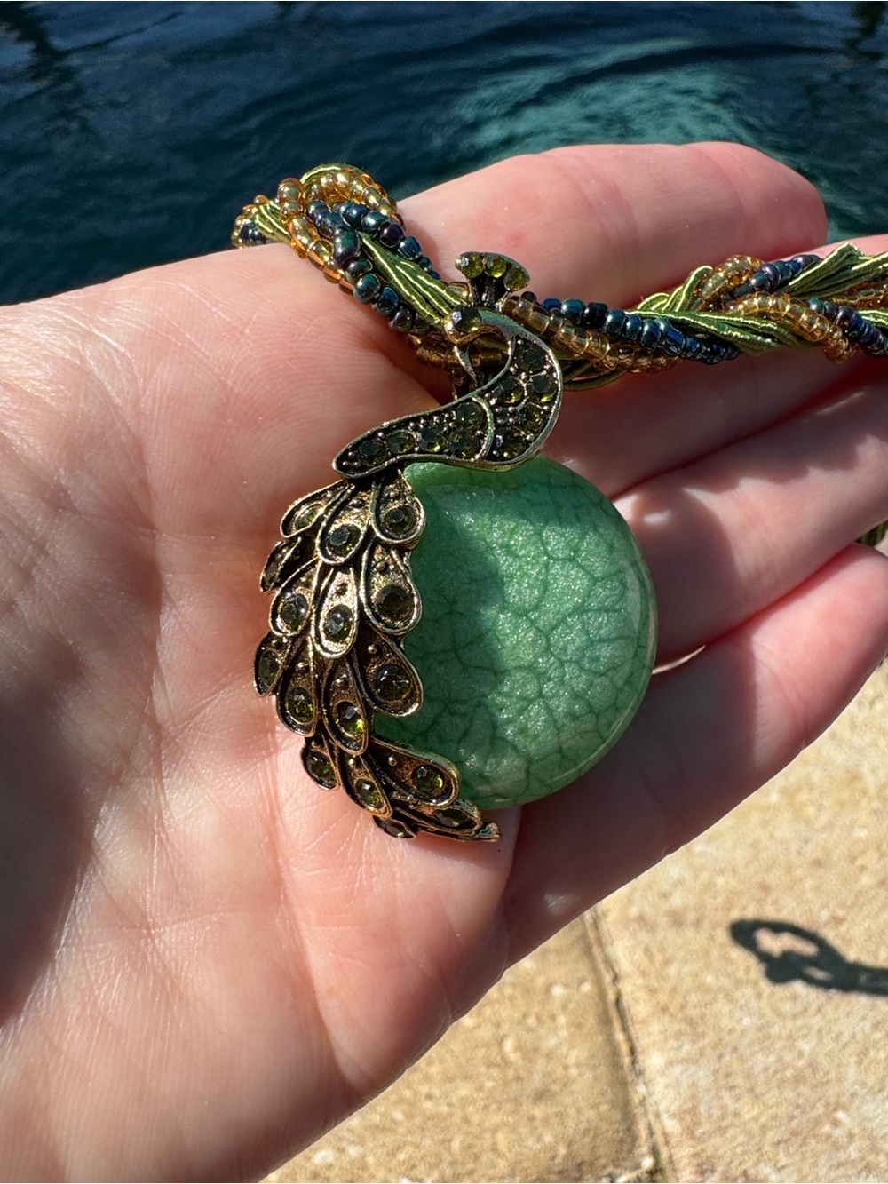 Boho Chic Peacock Gemstone Cabochon Pendant Necklace - Picture 3 of 3